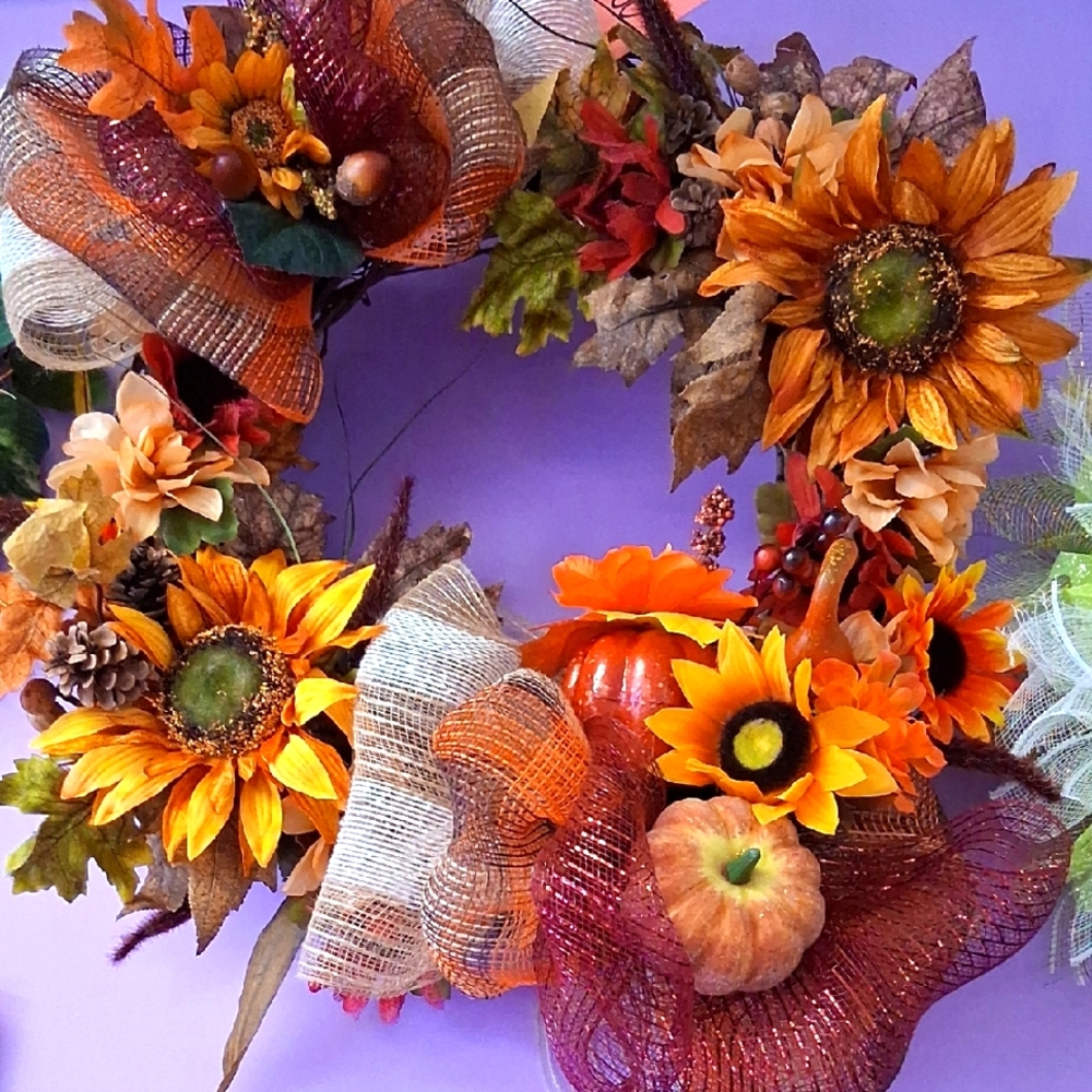 Autumn Harvest Wreath with Sunflowers and Pumpkins